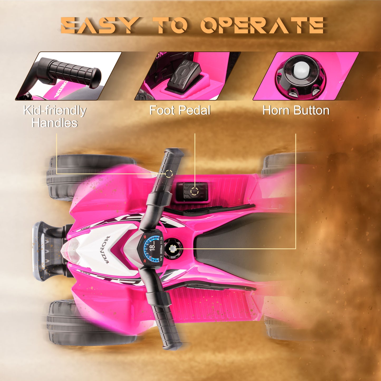Honda Kids Electric Quad Bike - 6V ATV Ride-On for Ages 1.5-3, Pink
