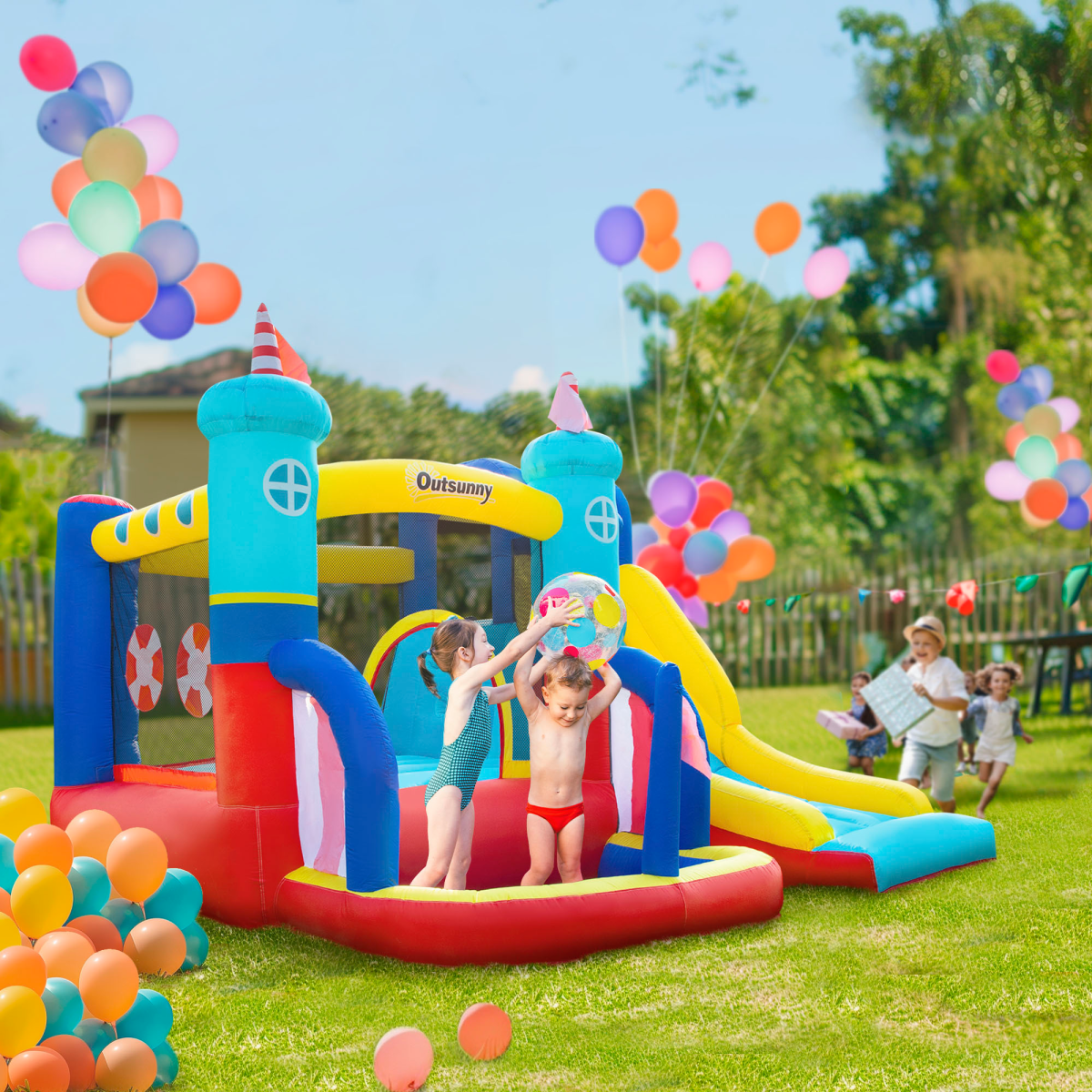 Kids Bouncy Castle with Slide Pool Trampoline Climbing Wall w/ Blower