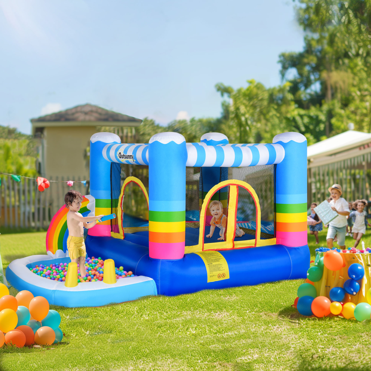 Rainbow Oasis Bouncy Castle & Trampoline Combo for Kids 3-8 Years