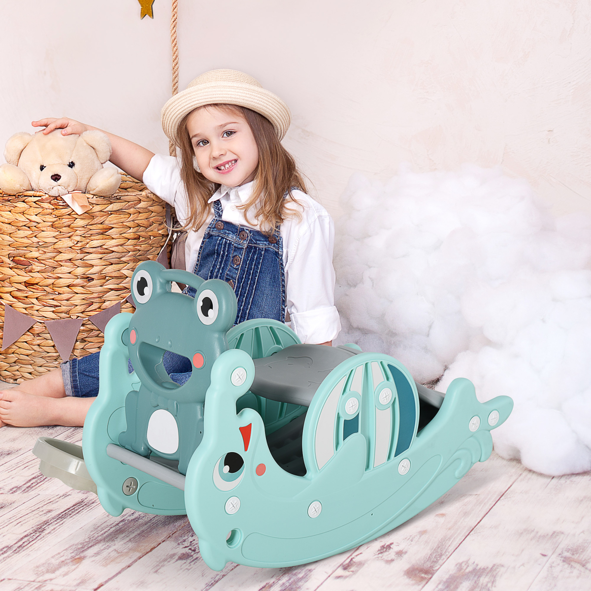 3-in-1 Baby Rocking Horse Portable Slide Basketball Hoop, Age 3-5