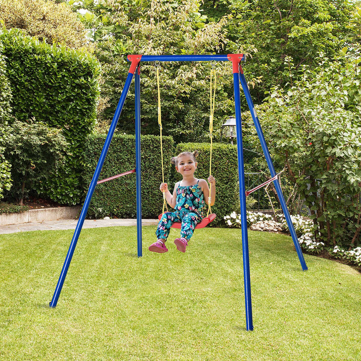Metal Swing Set w/ Adjustable Rope A-Frame Stand Outdoor Playset Outsunny