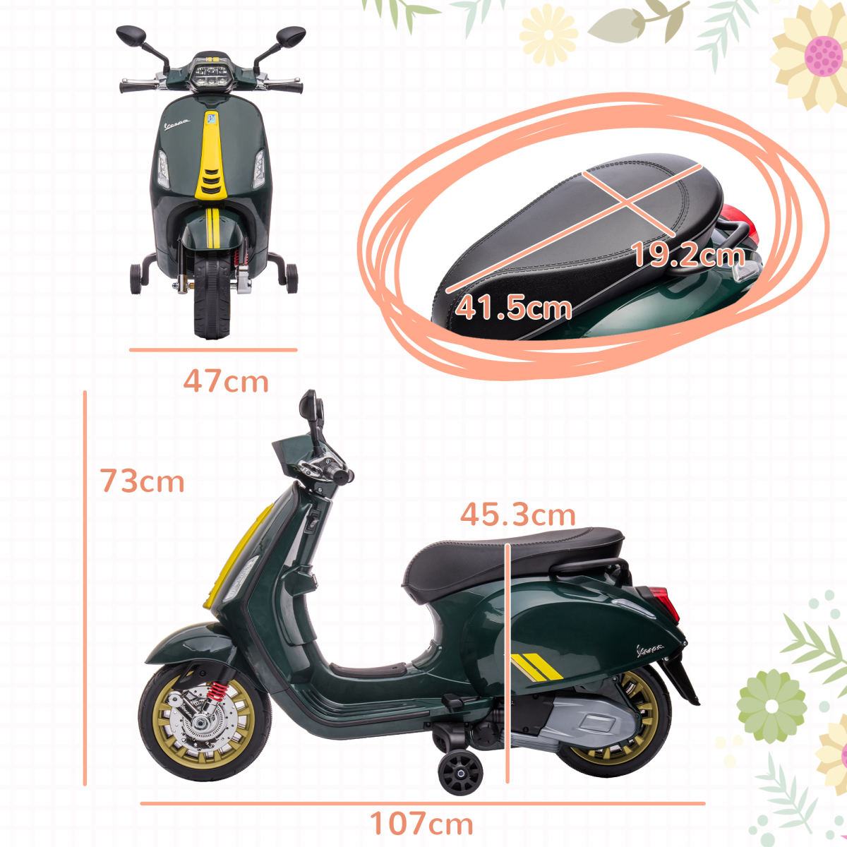 AIYAPLAY Vespa Licensed 12V Kids Electric Bike w/ 2 Training Wheels, Green