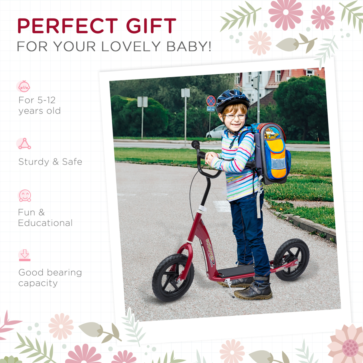 Red HOMCOM Kids Stunt Scooter with 12" EVA Tires - Adjustable & Safe Ride