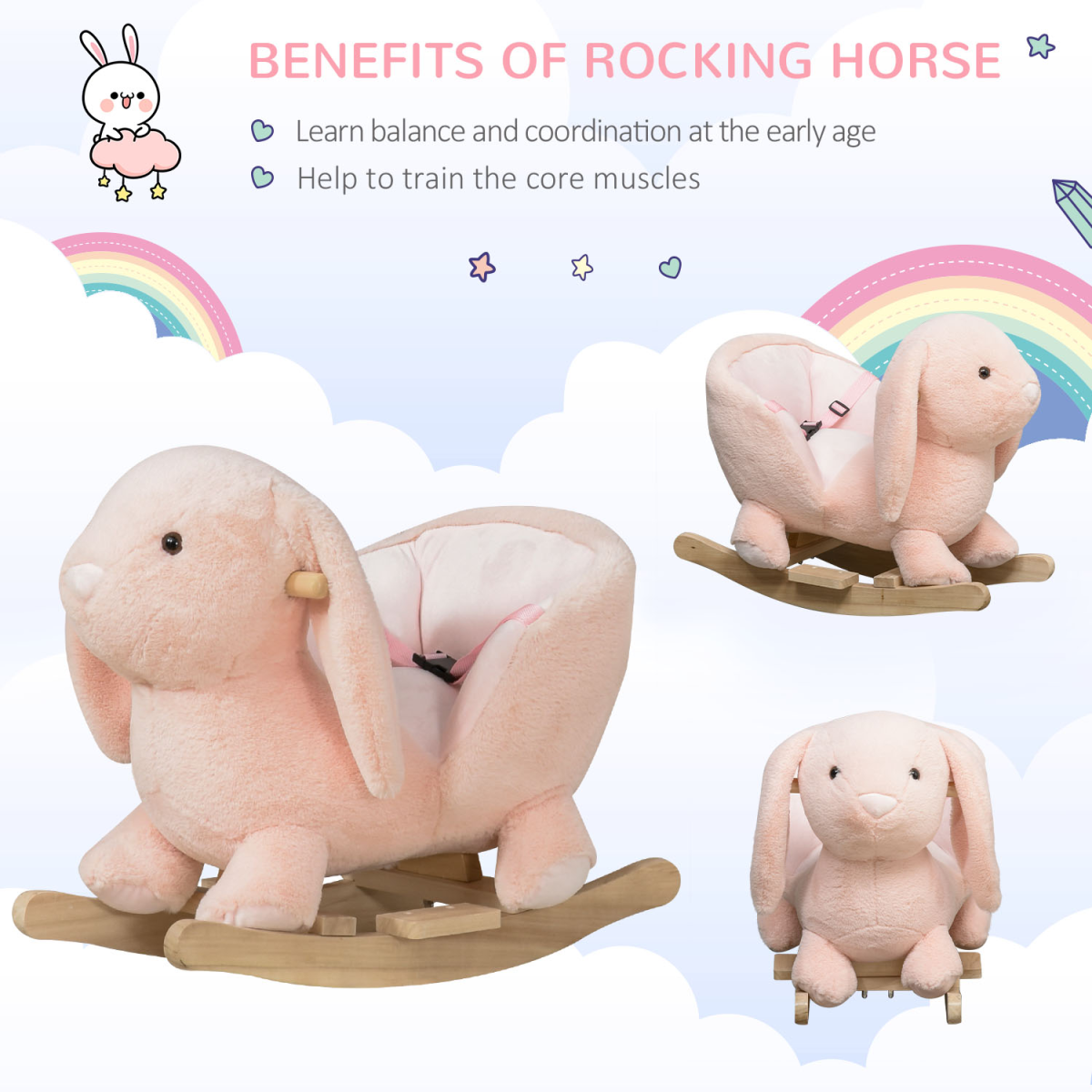 Cute Kids Ride-On Rocking Rabbit Sound Handlebars Seat Belt Plush Body