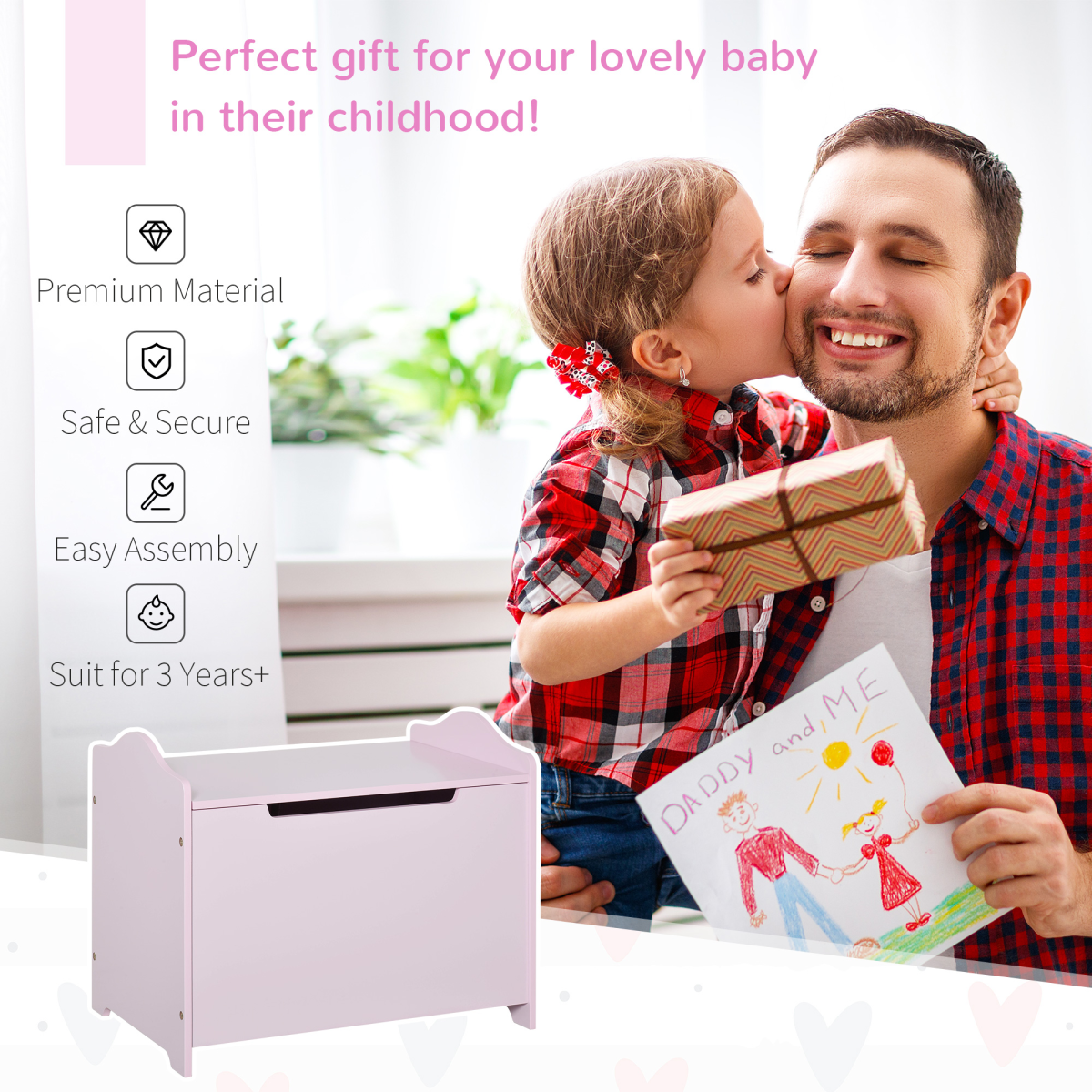 40x60cm Kids Storage Box Toy Organiser for Child 3 Yrs+ Bedroom Pink