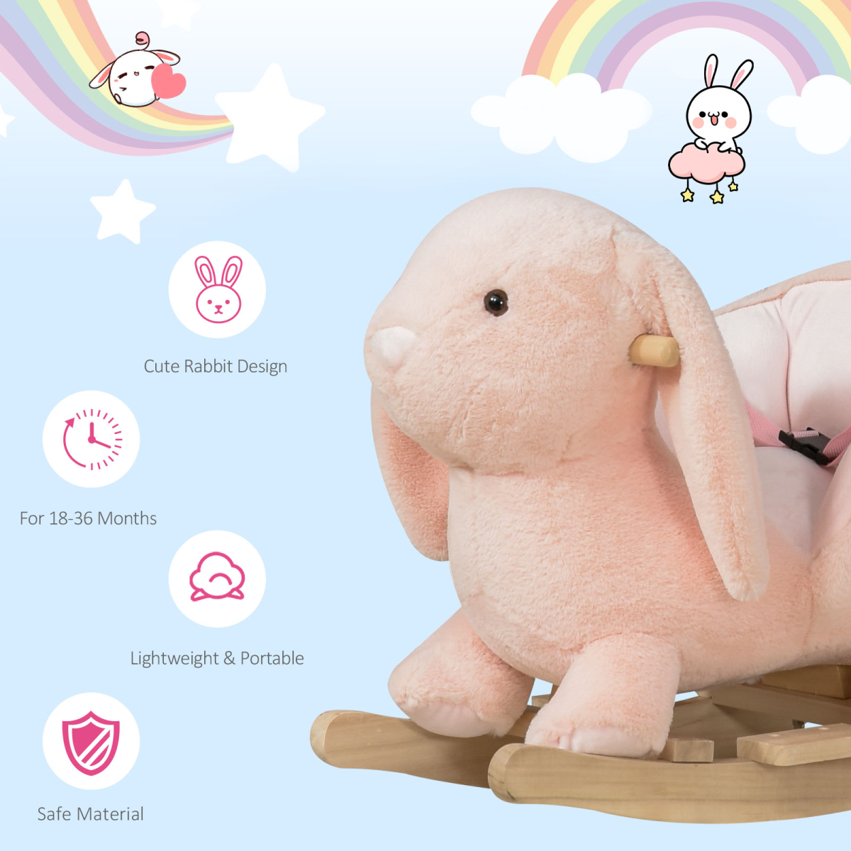 Cute Kids Ride-On Rocking Rabbit Sound Handlebars Seat Belt Plush Body