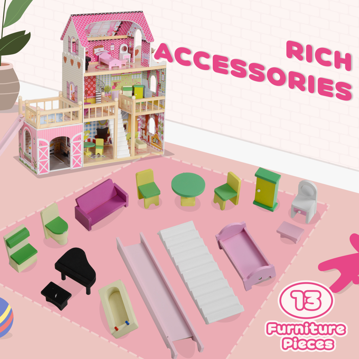 Dolls House with 13 Pieces Wooden Furniture and Accessories