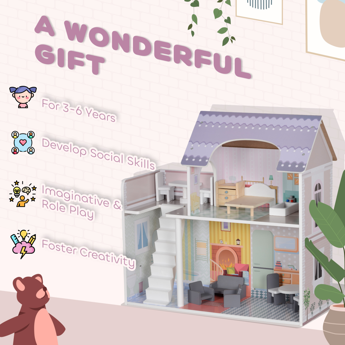 Dolls House with 13 Pieces Furniture & Accessories
