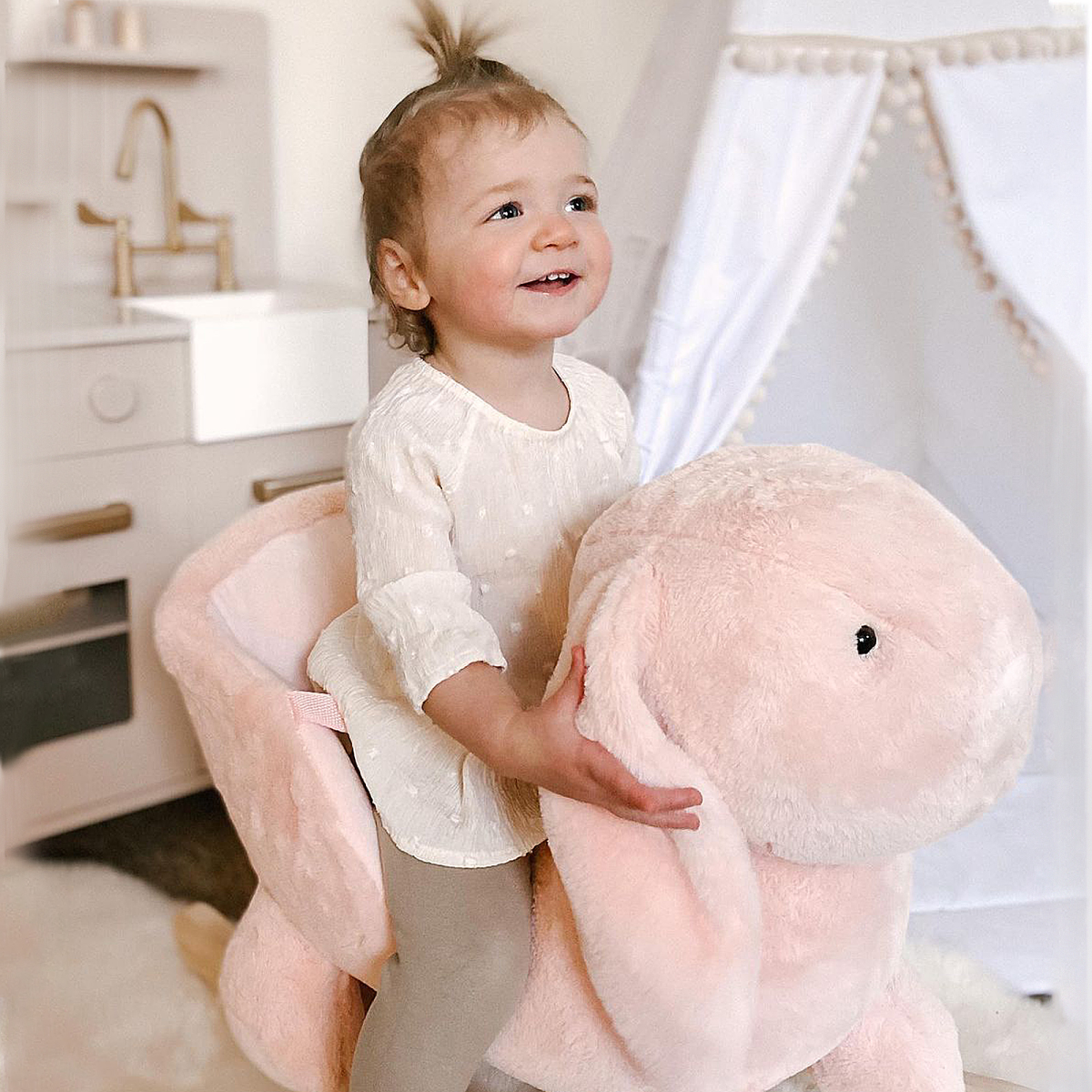 Cute Kids Ride-On Rocking Rabbit Sound Handlebars Seat Belt Plush Body