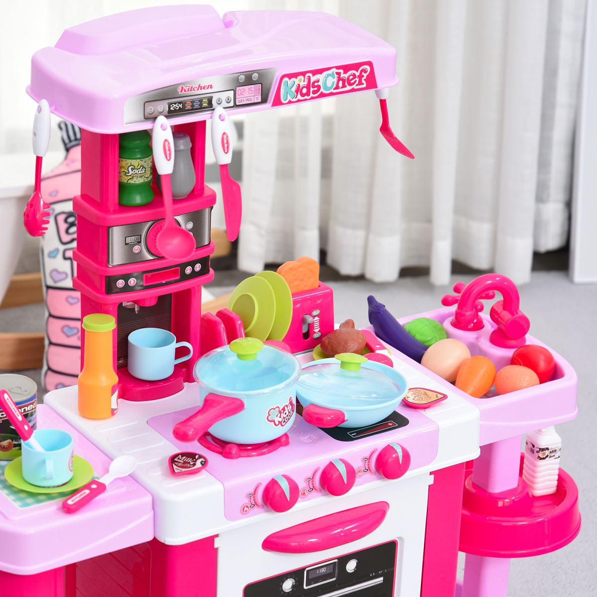 38-Piece Children's Kitchen Play Set Realistic Sounds Lights Food Pink