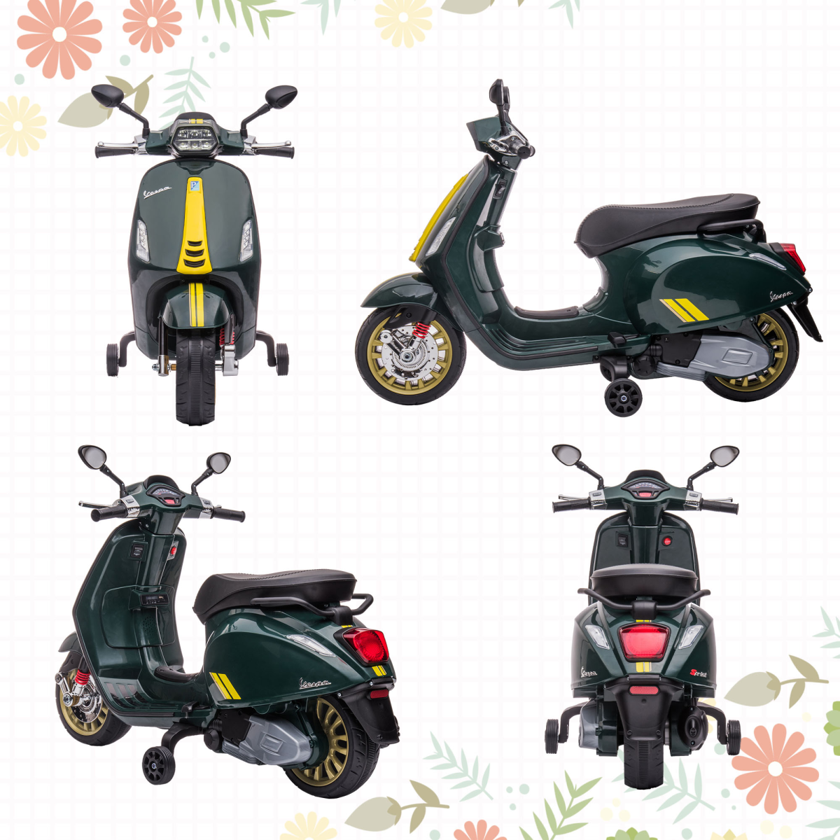 AIYAPLAY Vespa Licensed 12V Kids Electric Bike w/ 2 Training Wheels, Green