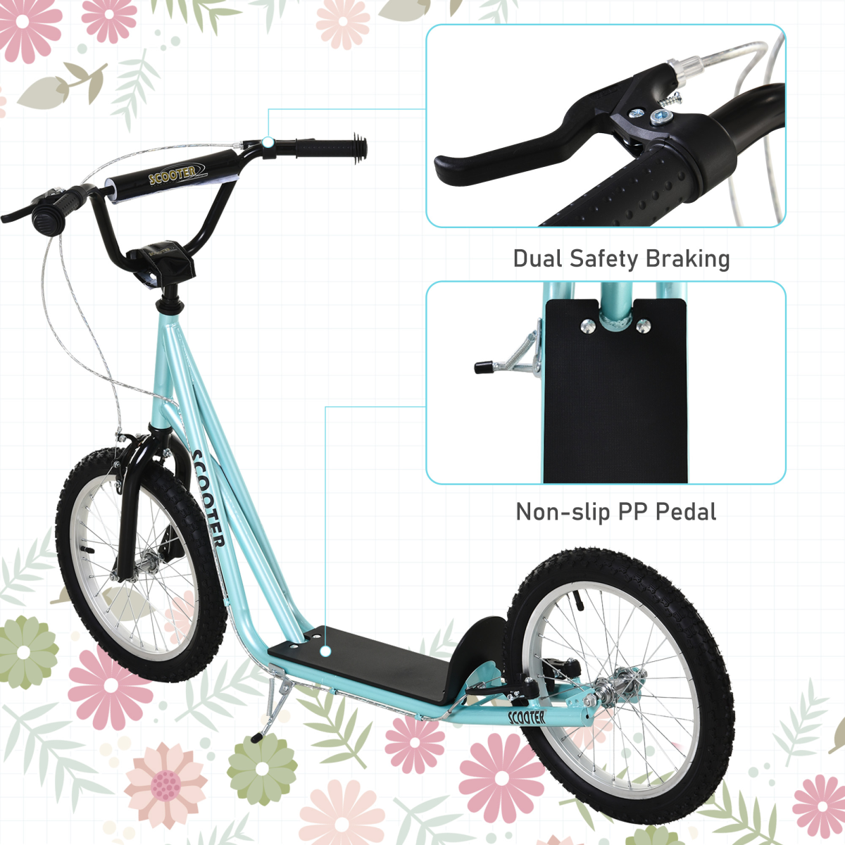 HOMCOM Kids Kick Scooter - Adjustable Blue, Inflatable Wheels, Safe & Smooth Ride
