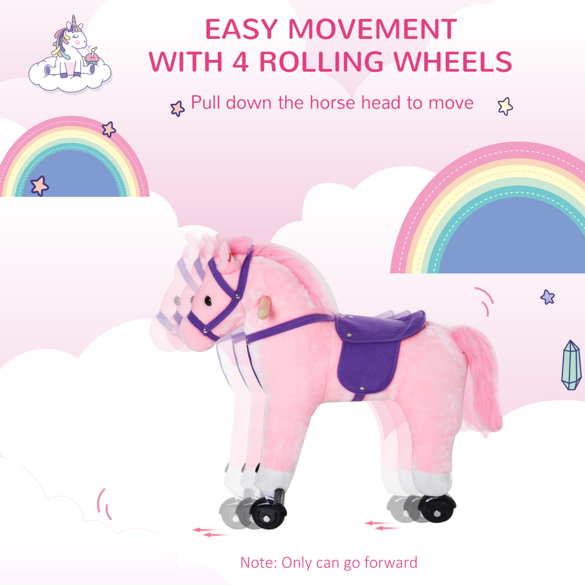 Wheeled Rocking Horse Ride on Rocker Children Riding Toy Plush Sound HOMCOM