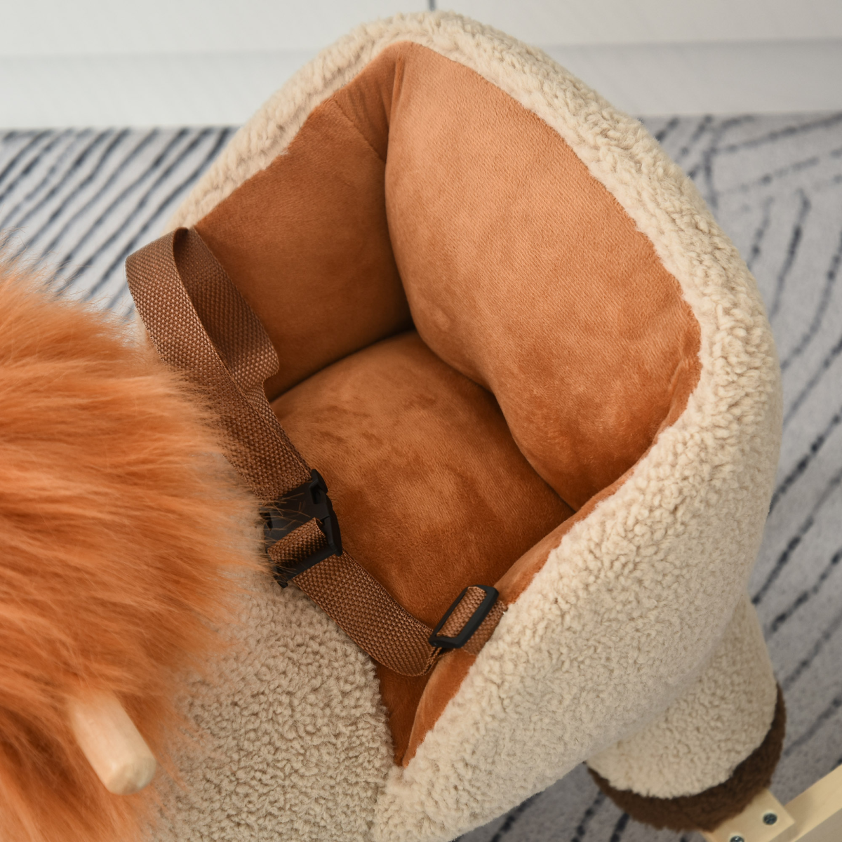Plush Rocking Lion Ride-On with Sound, Seat Belt & Wooden Base for Kids