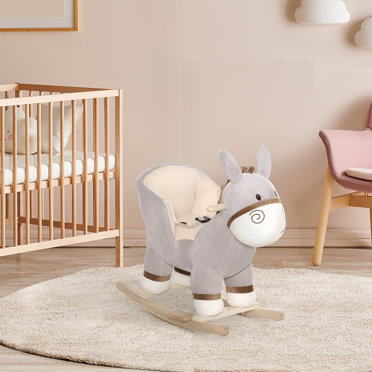 Cute Kids Ride-On Rocking Donkey Sound Handlebars Seat Belt Plush Body