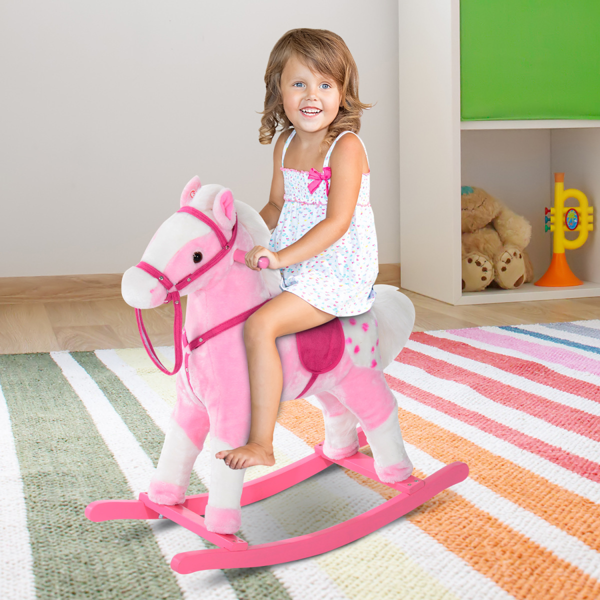 Rocking Horse Toy Plush Wood Pony Riding Rocker Neigh Sound Pink