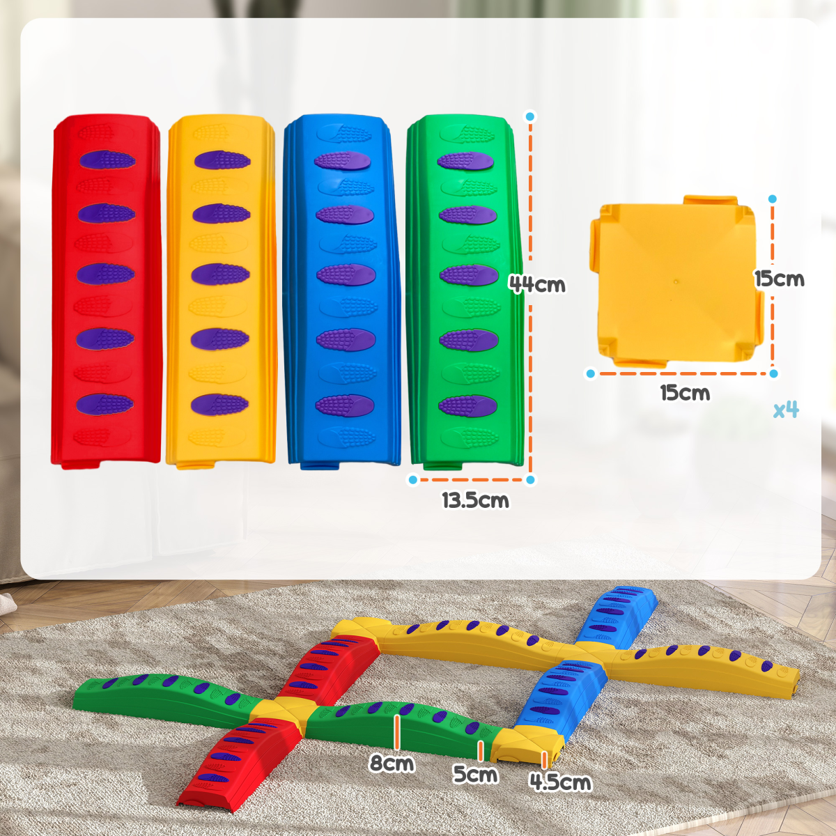 12PCs Kids Balance Beam Stepping Stones with Non-Slip Foot Pads