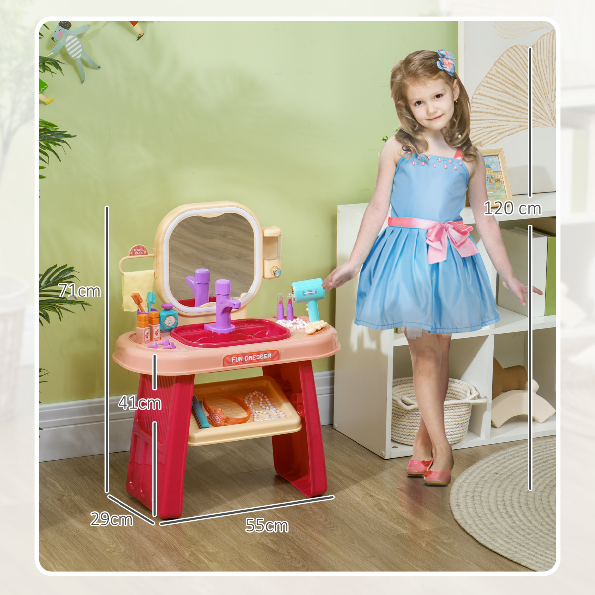 Kids Dressing Table with Mirror, LED Light, Music, 23 Accessories