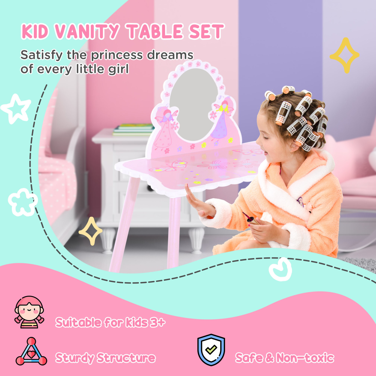 Enchanting Pink Kids Dressing Table Play Set with Stool & Mirror