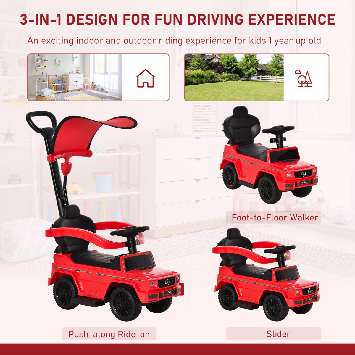 Premium Mercedes-Benz G350 3-in-1 Kids Ride-on Stroller Car - Red