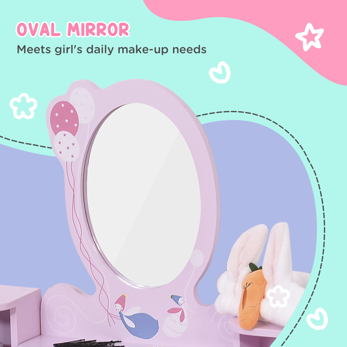 Kids Dressing Table and Stool Set Make Up Desk with Storage (Pink)