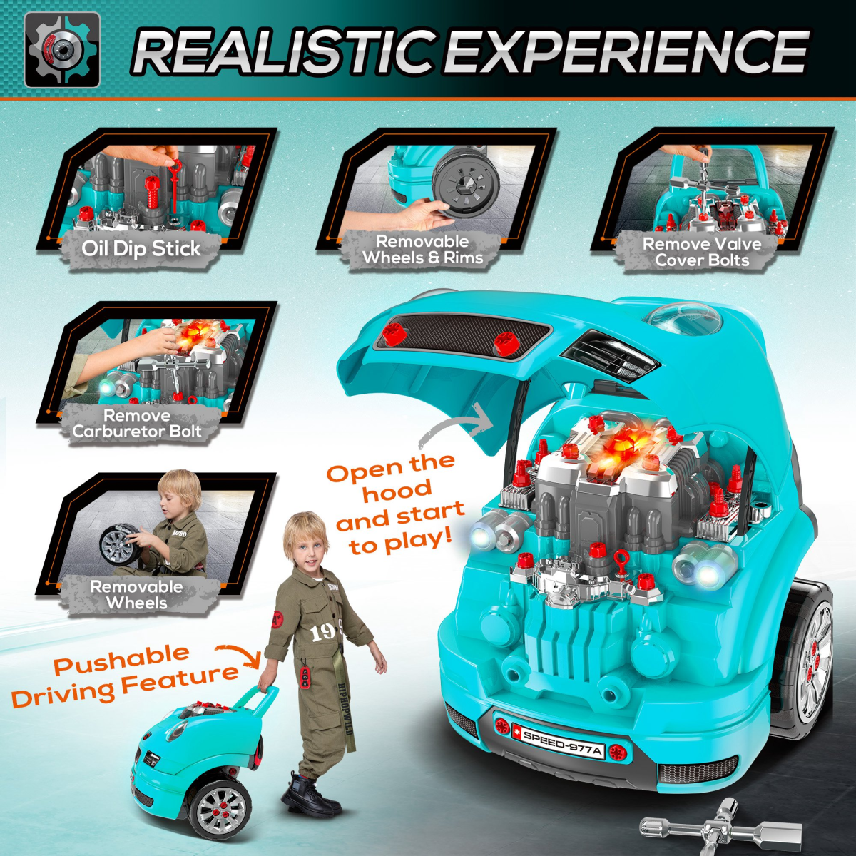 Kids Truck Engine Toy Set Horn Light Car Key Age 3-5 Years, Teal Green