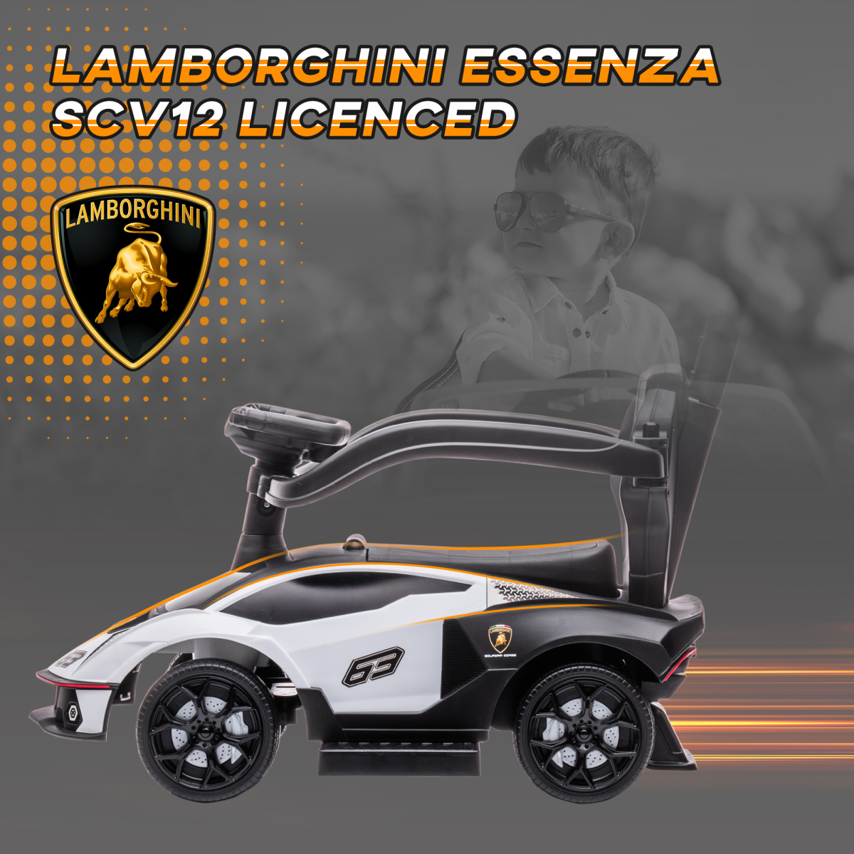 Lamborghini Essenza SCV12 2-in-1 Baby Ride-On & Push Car - White Adventure!