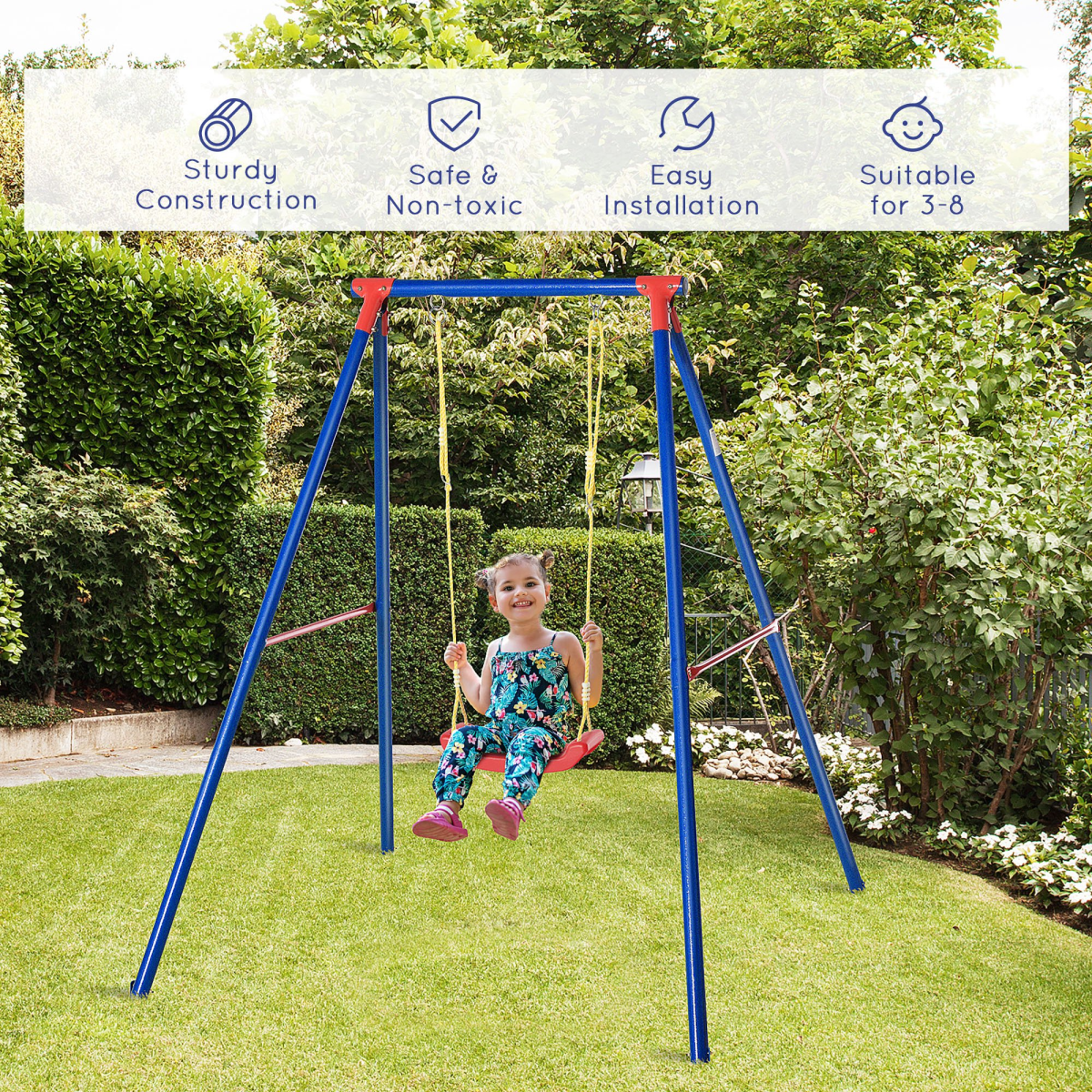 Metal Swing Set w/ Adjustable Rope A-Frame Stand Outdoor Playset Outsunny