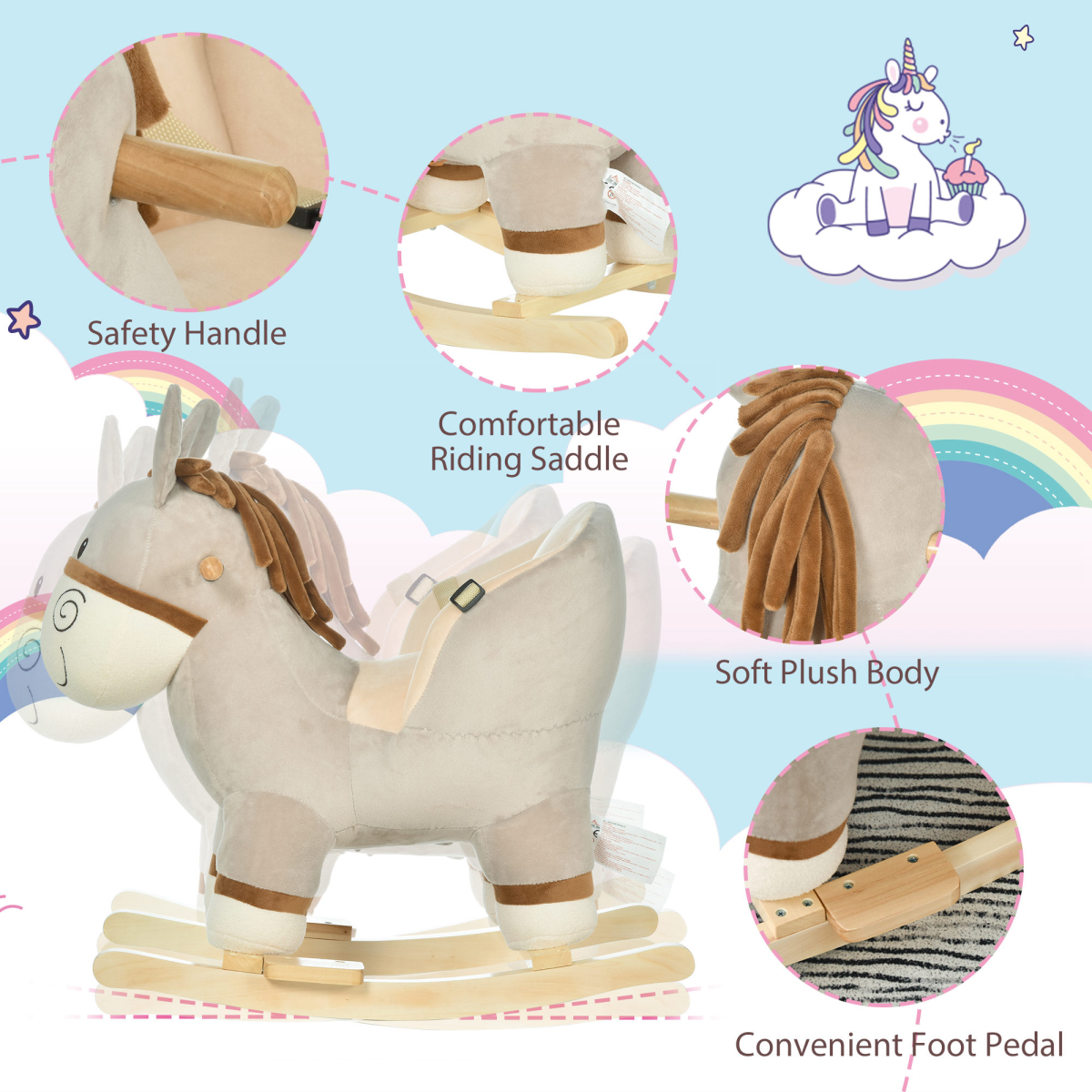 Cute Kids Ride-On Rocking Donkey Sound Handlebars Seat Belt Plush Body