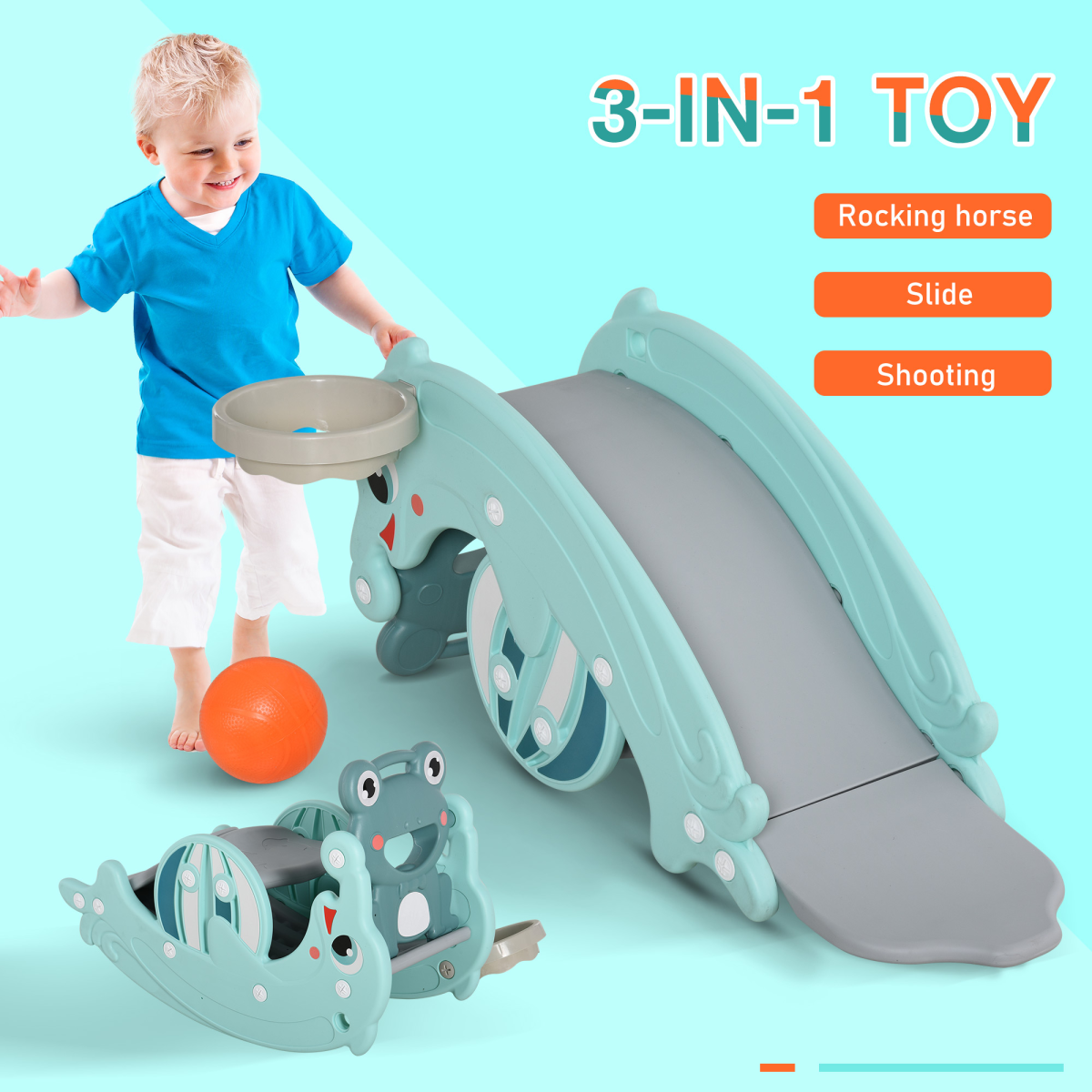 3-in-1 Baby Rocking Horse Portable Slide Basketball Hoop, Age 3-5