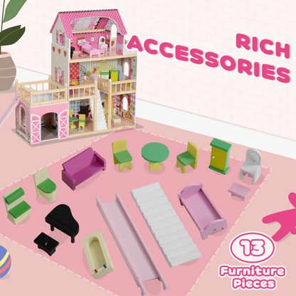 Dolls House with 13 Pieces Wooden Furniture and Accessories