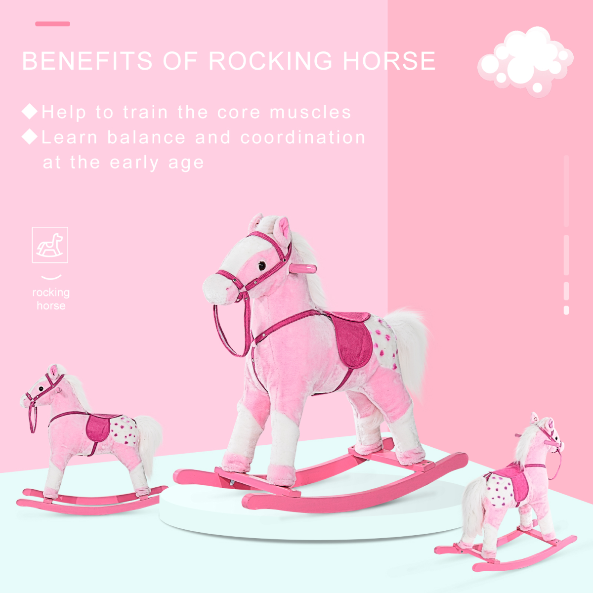 Rocking Horse Toy Plush Wood Pony Riding Rocker Neigh Sound Pink
