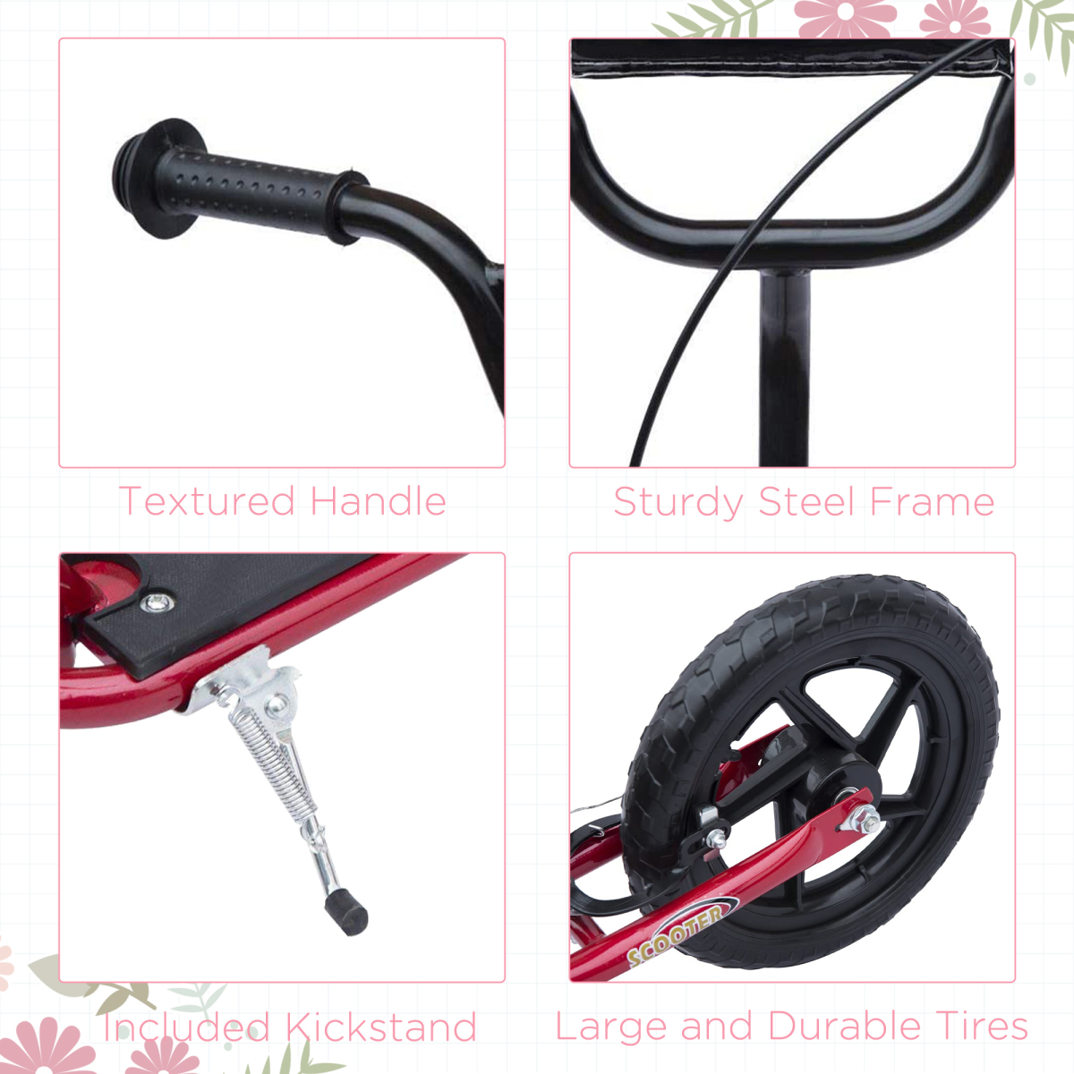 Red HOMCOM Kids Stunt Scooter with 12" EVA Tires - Adjustable & Safe Ride