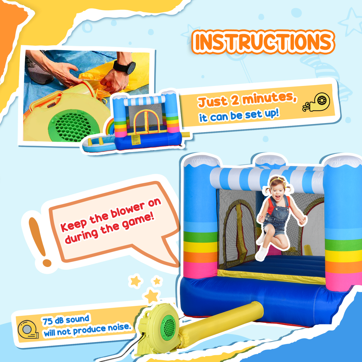 Rainbow Oasis Bouncy Castle & Trampoline Combo for Kids 3-8 Years