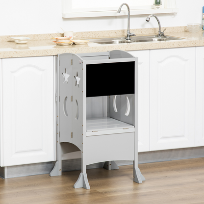 Kids Step Stool Toddler Kitchen Stool with Blackboard Lockable Handrail