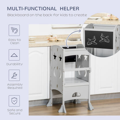 Kids Step Stool Toddler Kitchen Stool with Blackboard Lockable Handrail