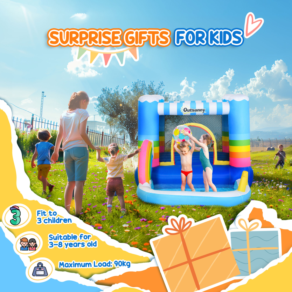 Rainbow Oasis Bouncy Castle & Trampoline Combo for Kids 3-8 Years