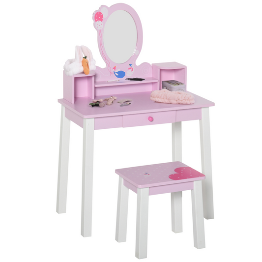 Kids Dressing Table and Stool Set Make Up Desk with Storage (Pink)