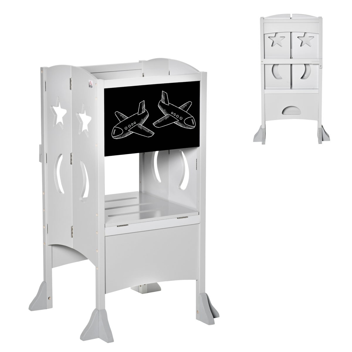 Kids Step Stool Toddler Kitchen Stool with Blackboard Lockable Handrail